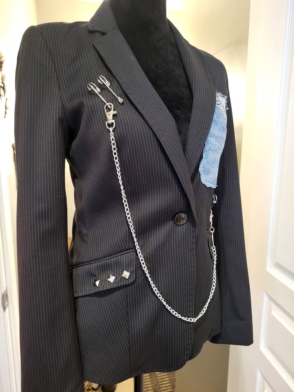 Black Pinstripe Women's Blazer with Chain, Denim and Stud Detail